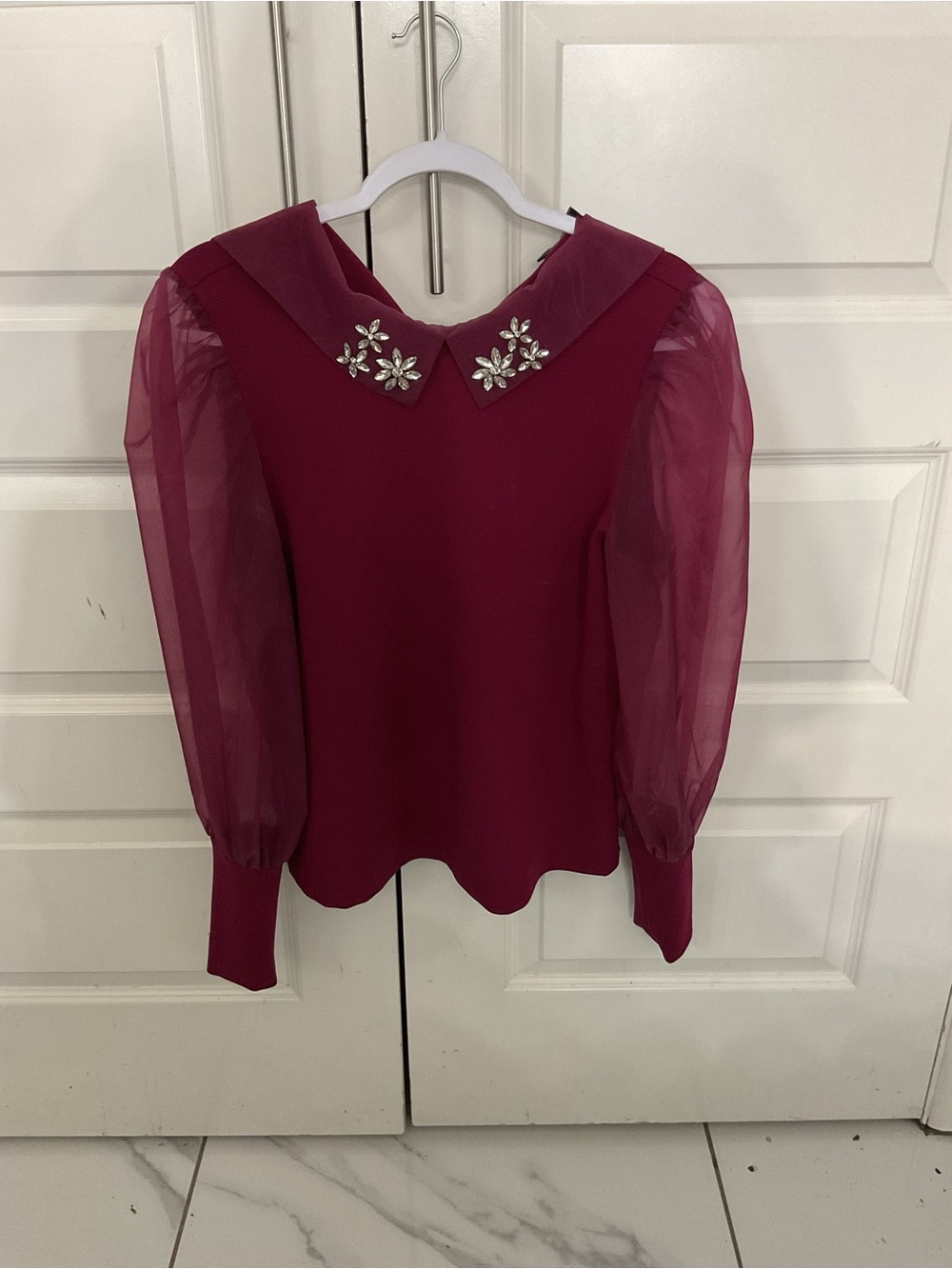 Marc New York Burgundy Puff-Sleeve Jeweled-Collar Blouse